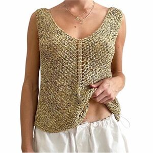 Vera Crutna Textured Ribbon Knit Sleeveless Tank Top | Gold Beige | Large